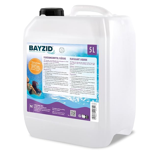 Floculant liquide de bassin BAYZID en bidon de cinq litres pour systèmes de filtration à sable