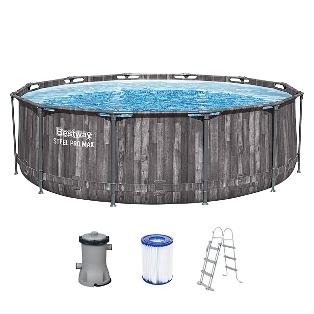 Bassin hors-sol rond Bestway en effet bois de chêne foncé, 366 cm de diamètre et 100 cm de haut, avec une échelle de sécurité