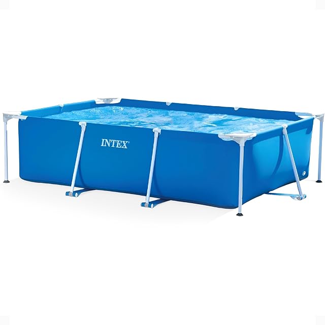 Bassin rectangulaire bleu Intex Metal Frame sur une armature en tubes d’acier galvanisé, 300 sur 200 cm et 75 cm de haut