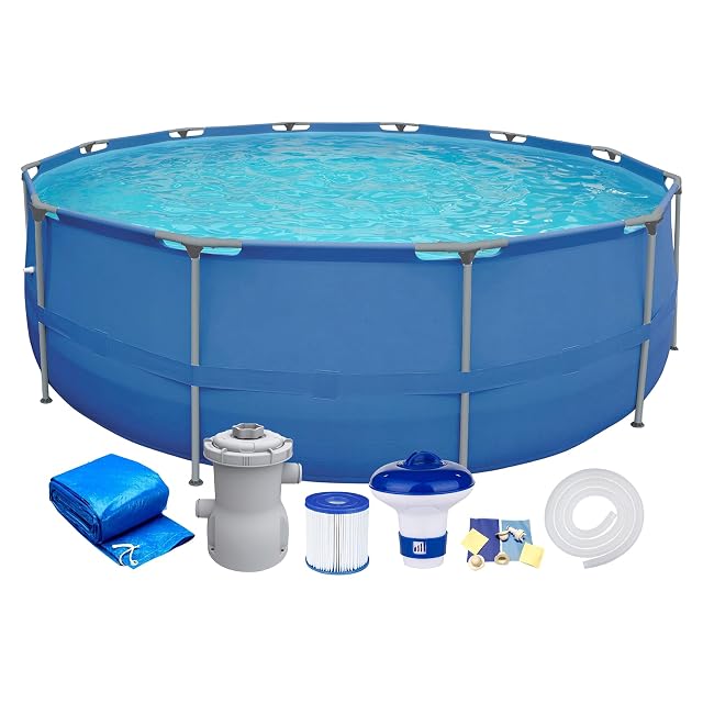 Bassin rond bleu Walden Sports à armature acier de 300 cm de diamètre, avec une pompe de filtration et une bâche à côté