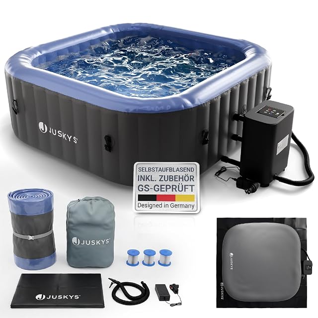 Spa gonflable Juskys SpaLuxe gris et bleu, avec une couverture et un sac de transport