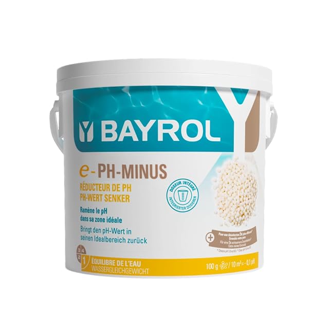 Granulé pH Moins Bayrol en conditionnement de six kilogrammes avec un gobelet doseur