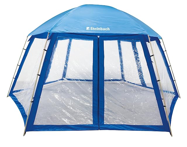Abri de bassin Steinbach à côtés en PVC transparent et portes zippées, dressé au-dessus d’un bassin rond hors-sol