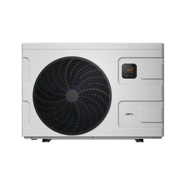 Pompe à chaleur de piscine à inverter ALSAVO INVERBOOST, en habillage ABS, à côté d’un bassin