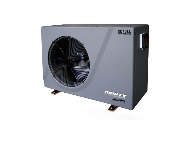 Pompe à chaleur de piscine POOLEX Silverline Inverter 70 posée sur une terrasse pavée