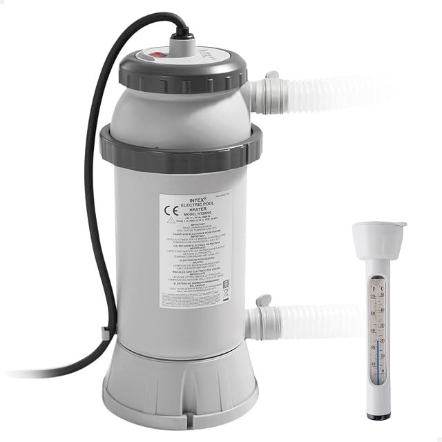 Réchauffeur de piscine Intex cylindrique de 25 cm de diamètre et 45 cm de haut, monté sur la ligne de filtration d’un bassin tubulaire
