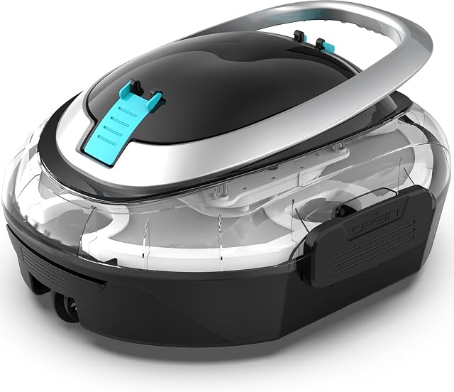 Robot de piscine sans fil BRINBO S2, dont le boîtier transparent laisse voir le panier à débris