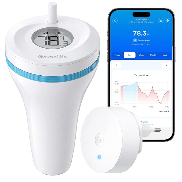 Thermomètre de bassin Wi-Fi flottant GoveeLife P2 avec sa passerelle et l’application sur téléphone