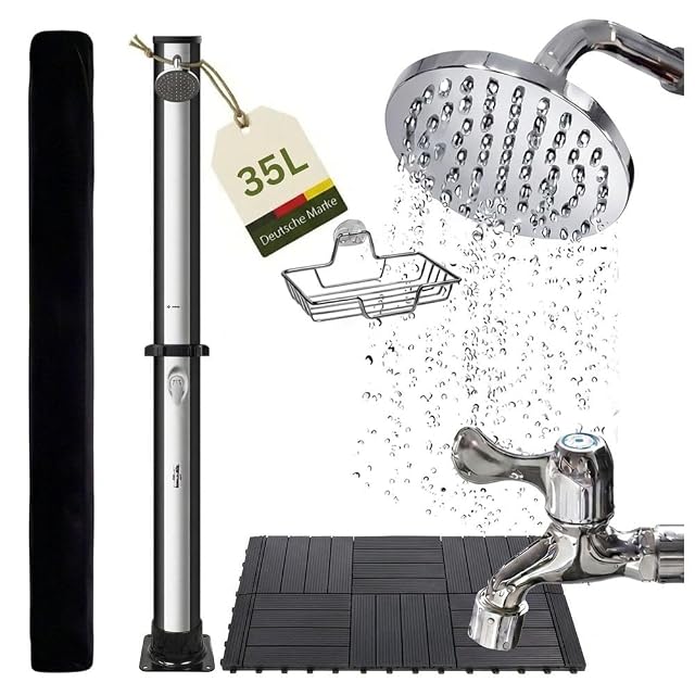 Douche solaire novaterra noire et argent, avec pomme de pluie, tablette et douchette de pied