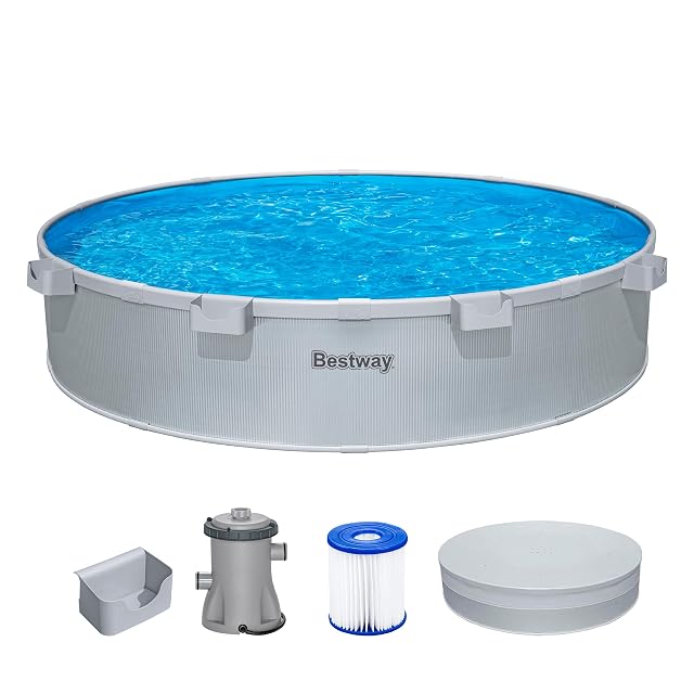 Bassin rond Bestway à paroi d’acier gris, de 305 cm de diamètre et 61 cm de profondeur, dans un style d’abreuvoir industriel