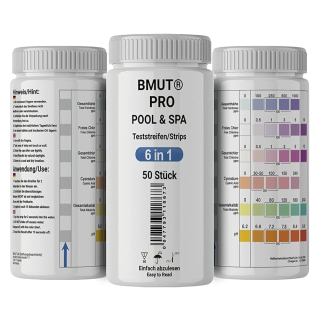 Bandelettes de test 6 en 1 BMUT pour bassin et spa en tube, avec nuancier sur le flacon