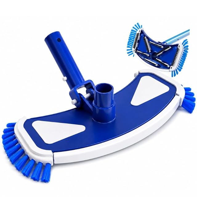Brosse aspirante de fond de bassin Arebos bleue et blanche avec poils latéraux et fixation à clip